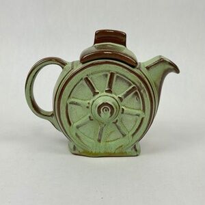 Vintage Frankoma Wagon Wheel Prairie Green 5” Mini Teapot with Lid mid-1950s